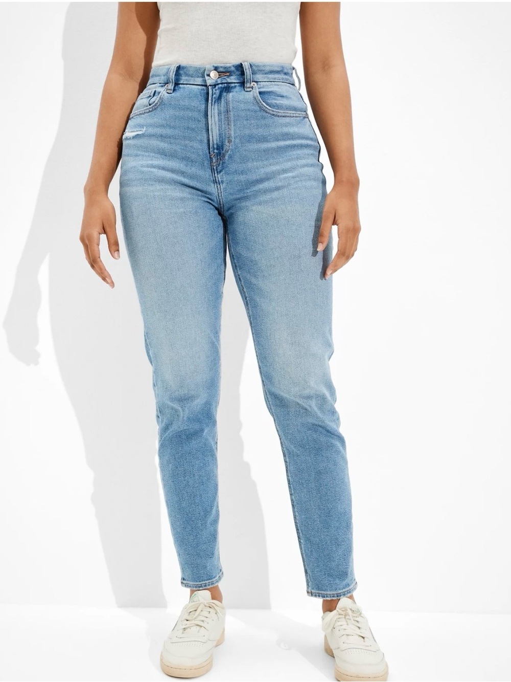American Eagle Curvy Mom Jeans Distressed Pocket Blue Stretch Size 12 High Rise
